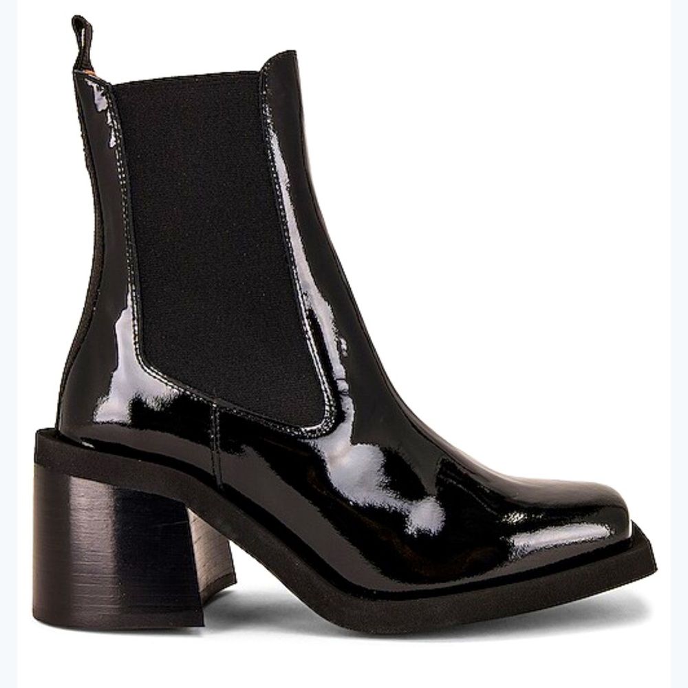 GANNI Black Square Toe Chelsea Boots Patent Leather Pull On Boot, Size 41